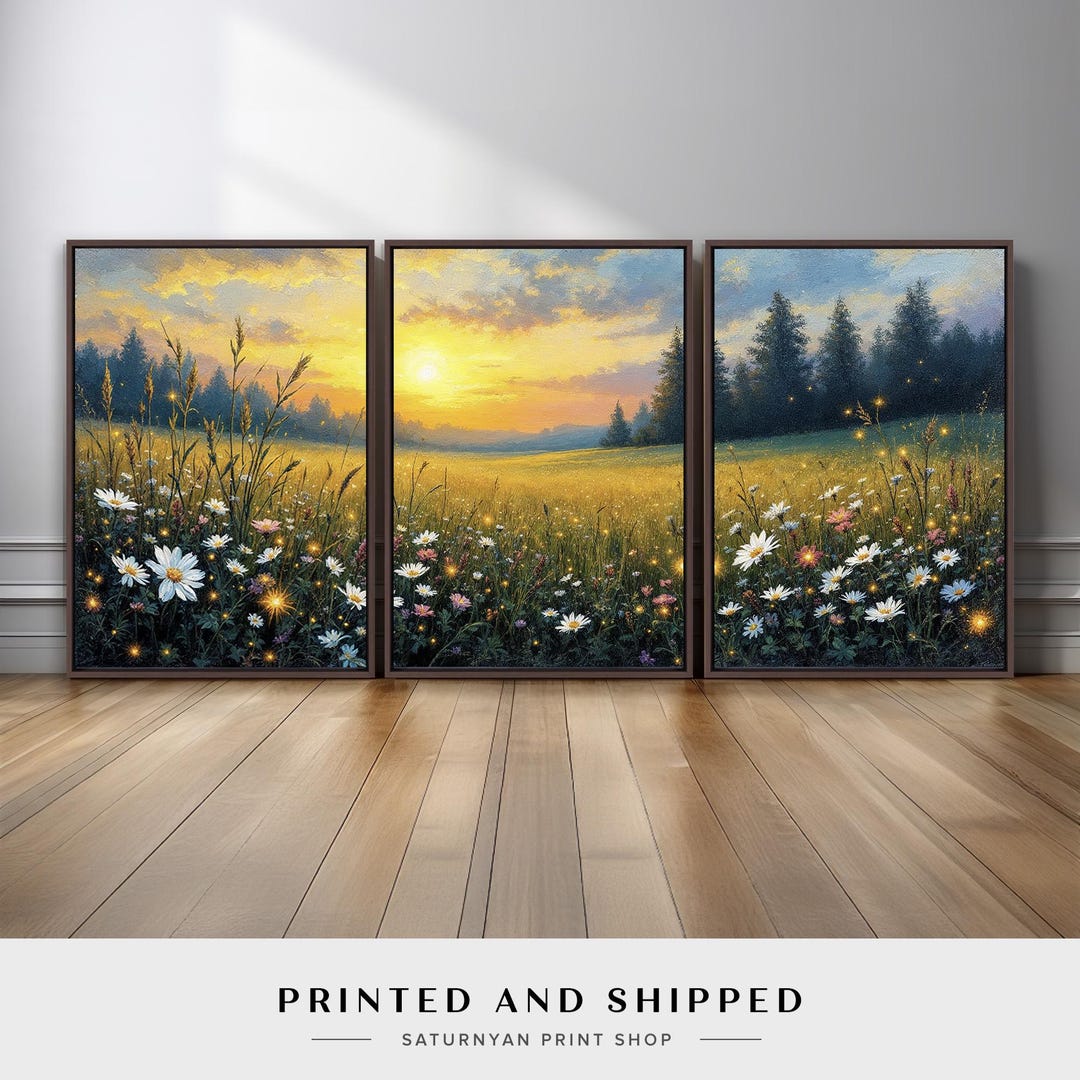 Wildflower Meadow Wall Art Set of 3 | Golden Sunset Landscape Triptych ...