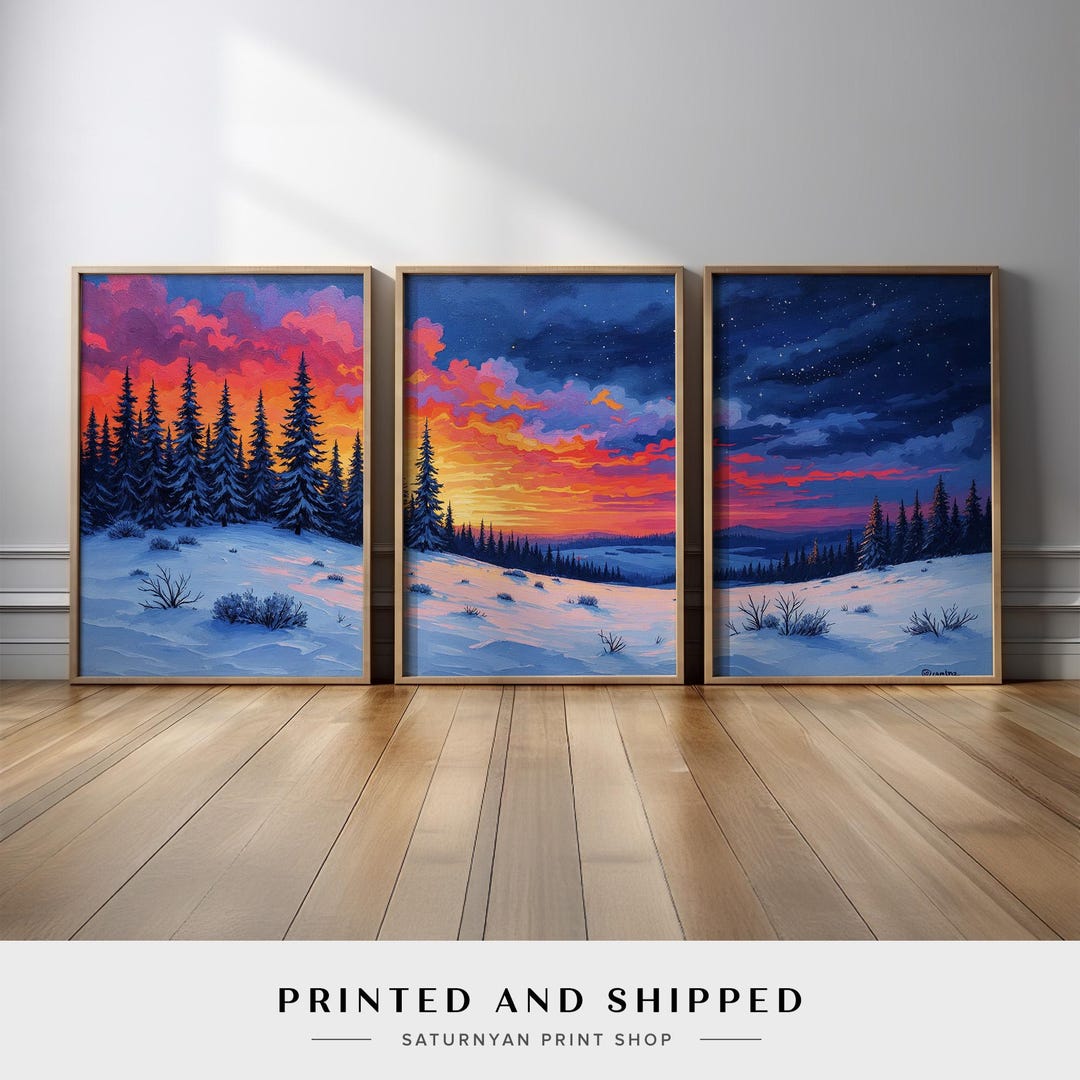 Snowy Pine Forest Sunset Triptych Wall Art | Winter Landscape Canvas ...