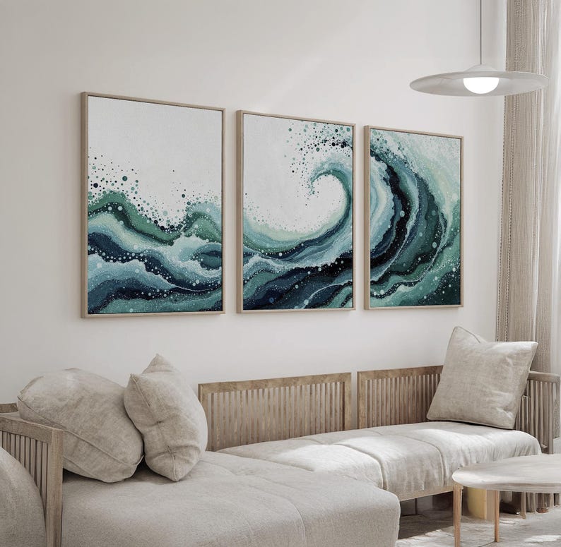 Large Ocean Wave Abstract Wall Art Set of 3 | Teal and Sage Coastal ...