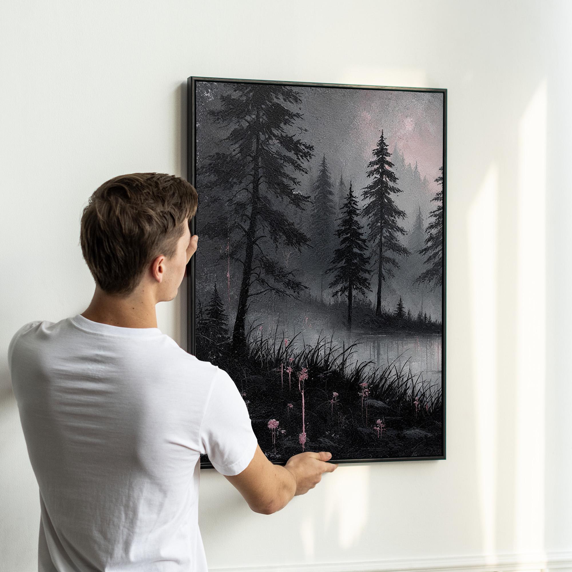 Moody Forest Lake Wall Art Set of 3 | Black White With Pale Pink Accent ...