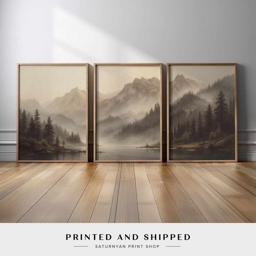 Neutral Landscape Wall Art Set of 3 | Misty Mountain Lake Canvas Prints ...