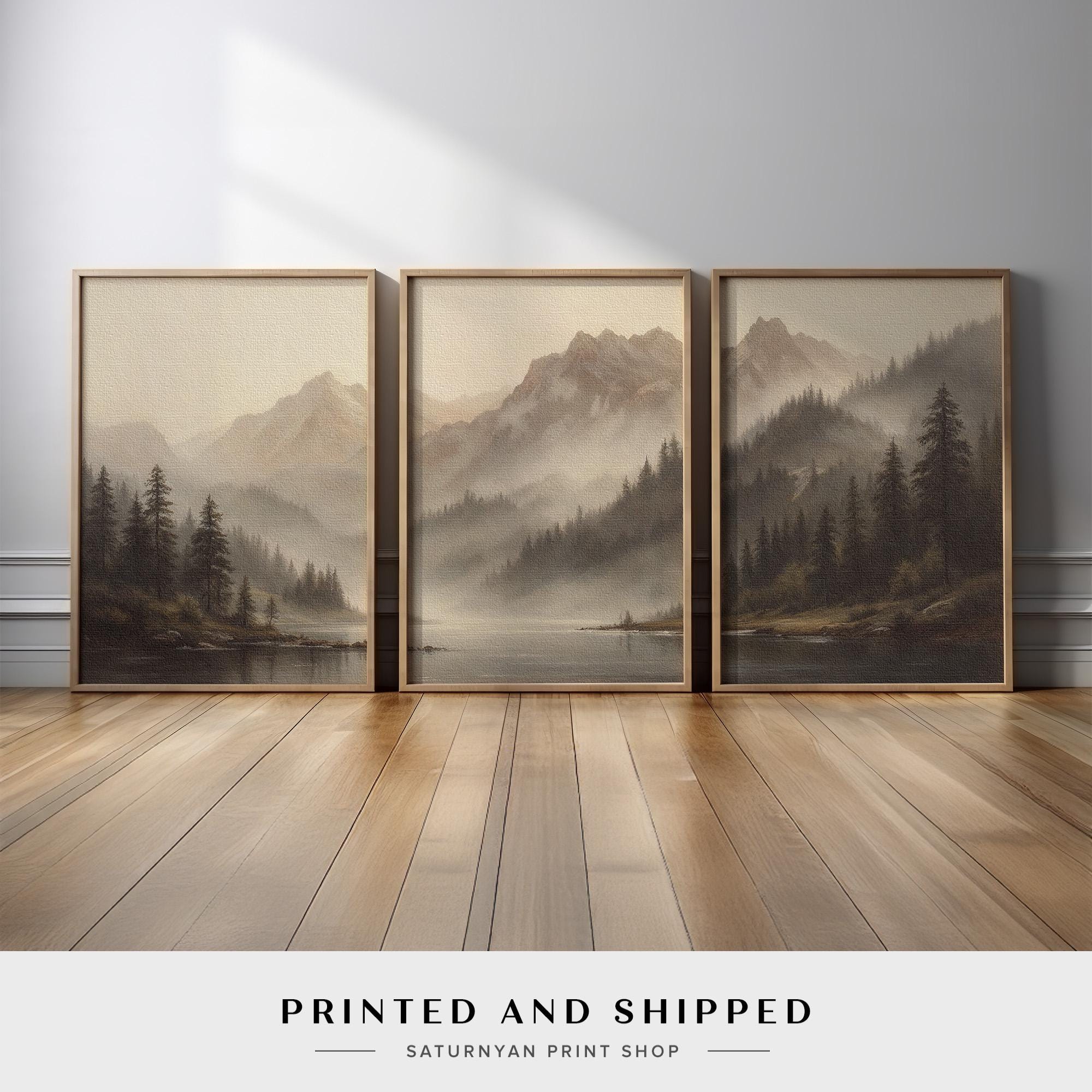 Neutral Landscape Wall Art Set of 3 | Misty Mountain Lake Canvas Prints ...