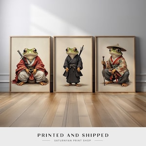 Samurai Frog Wall Art Set, Japanese Warrior Frog Prints, Zen Frog Decor, Unique Samurai Animal Poster Trio, Fantasy Frog Canvas Print