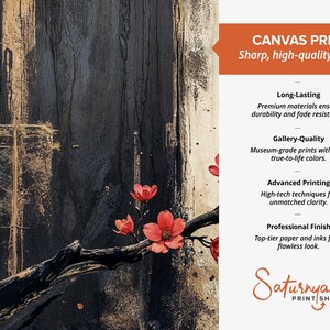 K&ouml;nnte beinhalten: Ein Leinwanddruck mit einem dunklen, strukturierten abstrakten Hintergrund und einem Zweig mit leuchtend roten Bl&uuml;ten. Der Text lautet: CANVAS PRINT Sharp, high-quality details, Long-Lasting, Gallery-Quality, Advanced Printing, Professional Finish, Saturnyan PRINT SHOP.