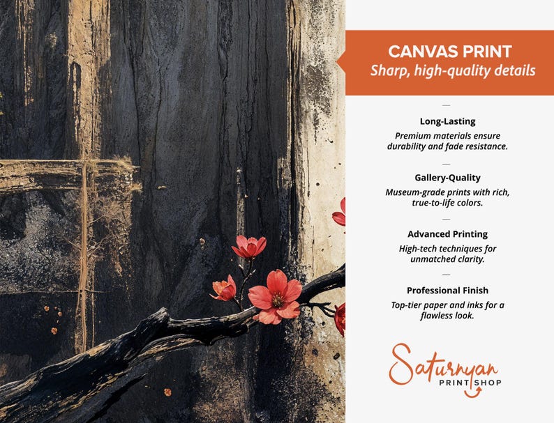 K&ouml;nnte beinhalten: Ein Leinwanddruck mit einem dunklen, strukturierten abstrakten Hintergrund und einem Zweig mit leuchtend roten Bl&uuml;ten. Der Text lautet: CANVAS PRINT Sharp, high-quality details, Long-Lasting, Gallery-Quality, Advanced Printing, Professional Finish, Saturnyan PRINT SHOP.