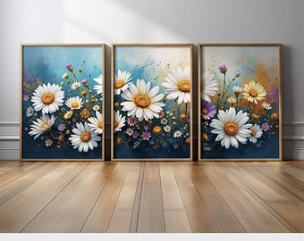 Daisy and Wildflower Wall Art Triptych | Vibrant Abstract Floral Canvas Prints with Blue Background, Modern Boho Wall Decor for Home