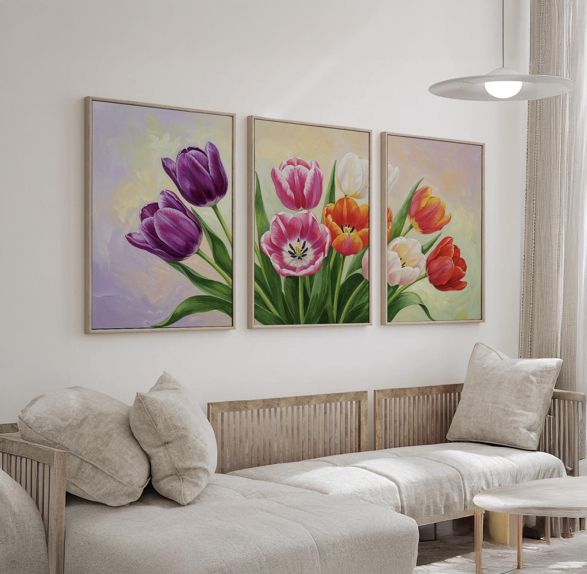 Spring Floral Wall Art Set of 3 | Tulip Flower Triptych in Pastel Tones ...
