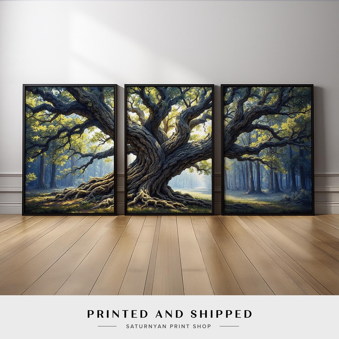Majestic Oak Tree Wall Art Triptych | Enchanted Sunlit Forest Canvas ...