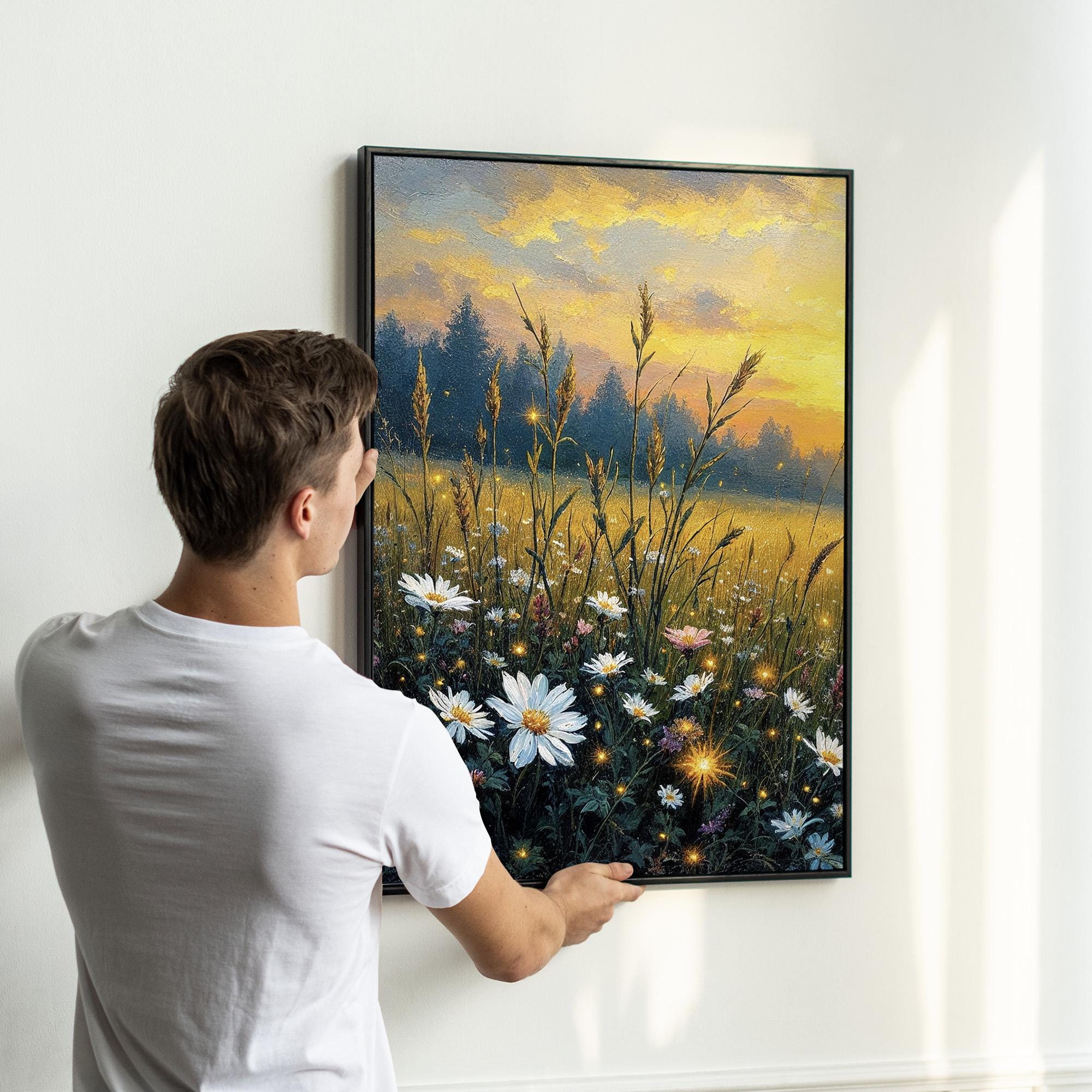 Wildflower Meadow Wall Art Set of 3 | Golden Sunset Landscape Triptych ...