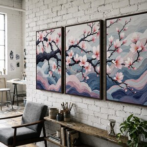 Japanese Cherry Blossom Wall Art Set, Sakura Tree Wall Decor, Elegant Floral Triptych, Zen Meditation Art, Soft Pink Nature Canvas Print bild 8