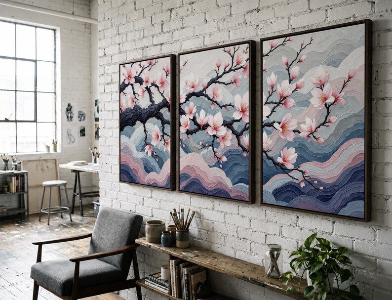 Japanese Cherry Blossom Wall Art Set, Sakura Tree Wall Decor, Elegant Floral Triptych, Zen Meditation Art, Soft Pink Nature Canvas Print bild 8