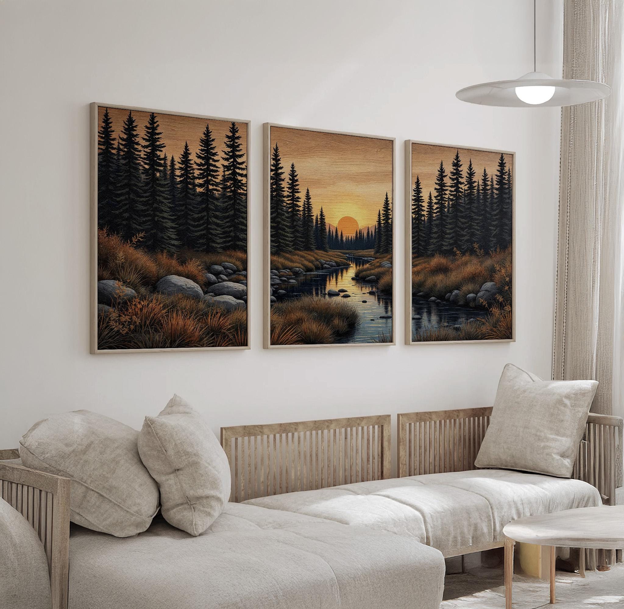 Rustic Pine Tree Landscape Triptych | Sunset River Wall Art Set of 3 ...