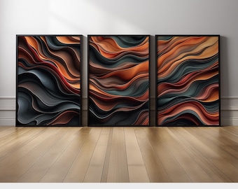 Large Abstract Wall Art Set of 3 | Contemporary Dark Earth Tone Triptych with Flowing Layers for Living Room Decor Canvas Prints