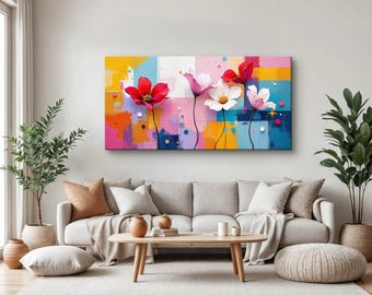 Modern Colorful Flower Art, Abstract Floral Painting on Canvas Print, Geometric Botanical Wall Decor, Vibrant Home Interior Artwork