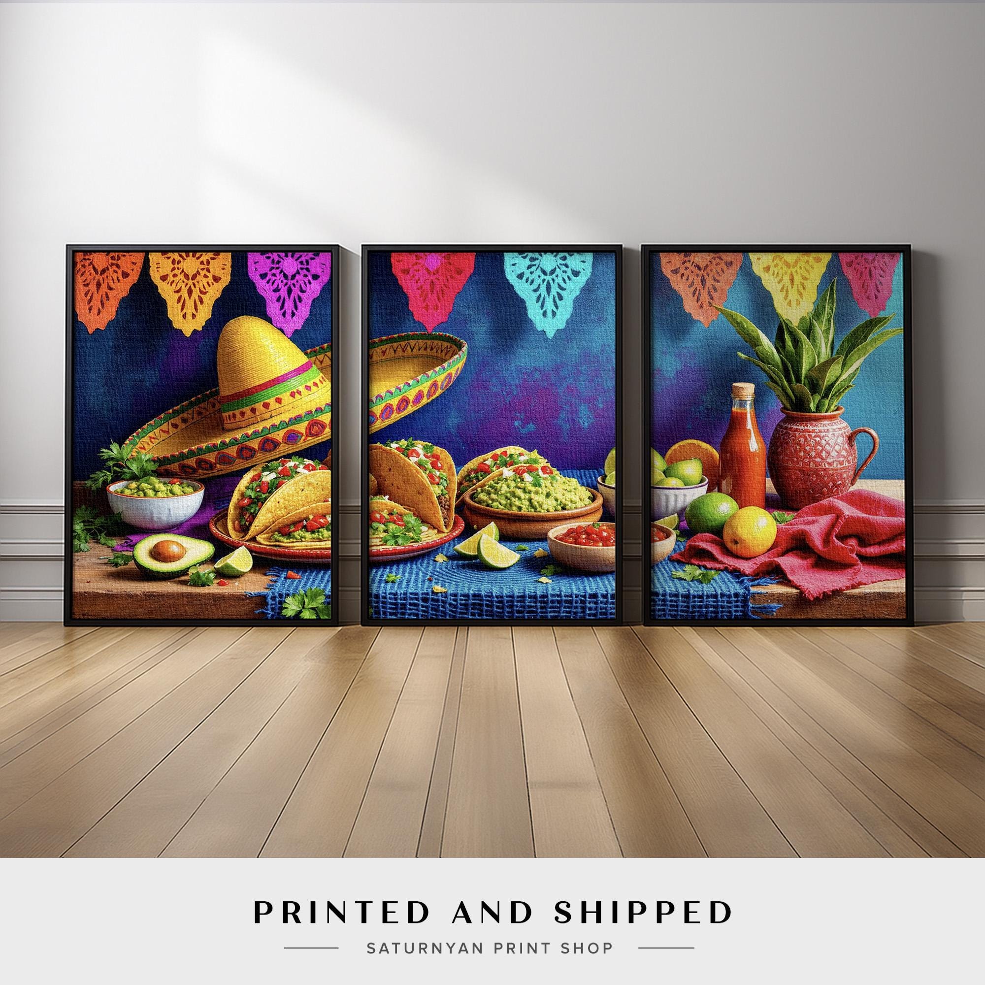 Fiesta Kitchen Wall Art Set | 3-piece Canvas With Authentic Mexican ...
