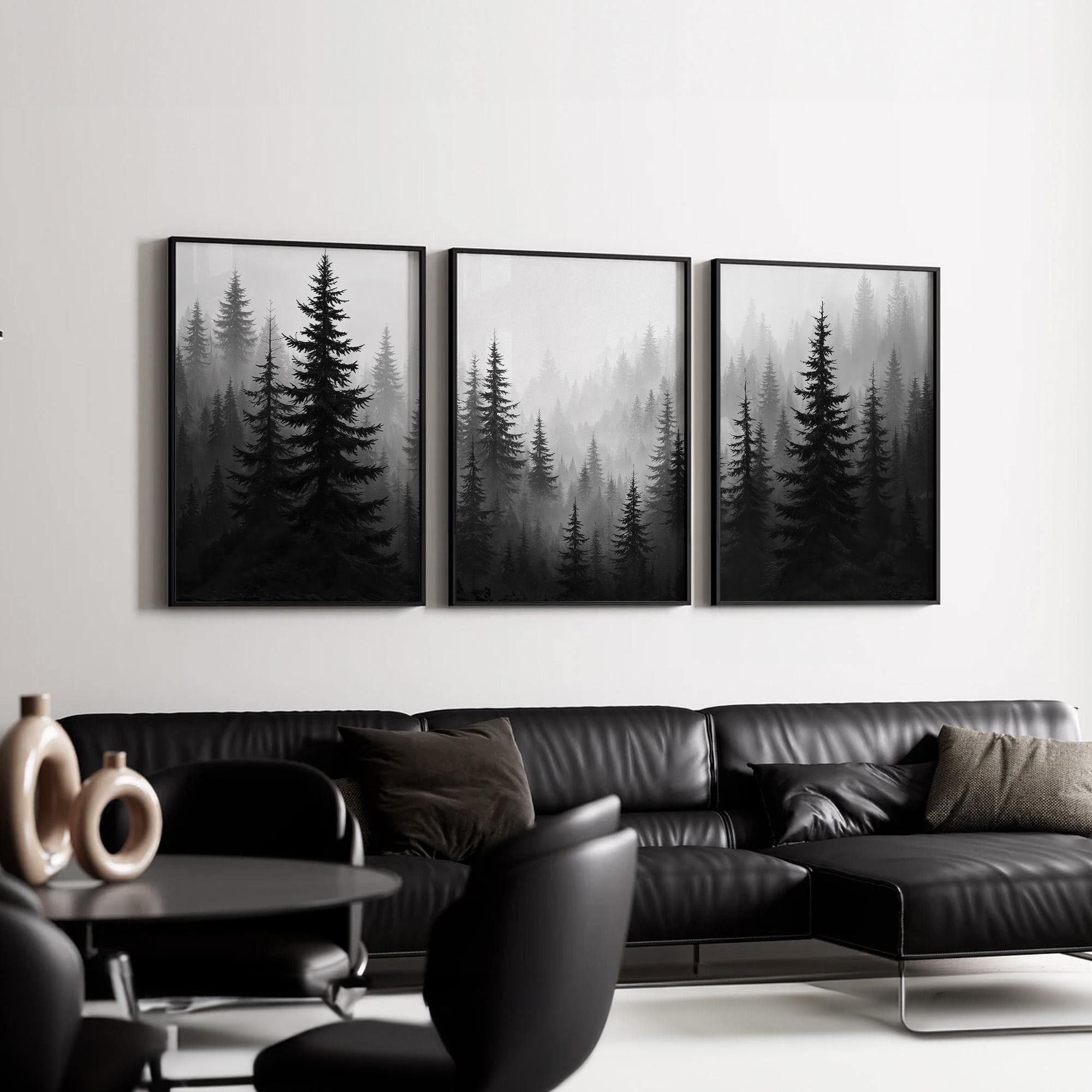 Moody Foggy Forest Wall Art Triptych | Black and White Pine Tree Canvas ...