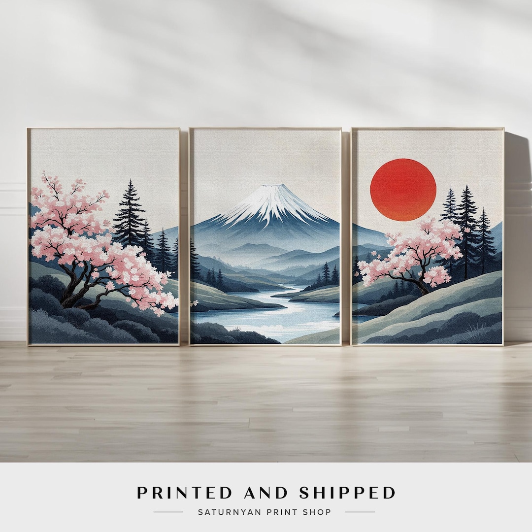 Japanese Mountain Landscape Wall Art | Cherry Blossom Canvas Prints ...