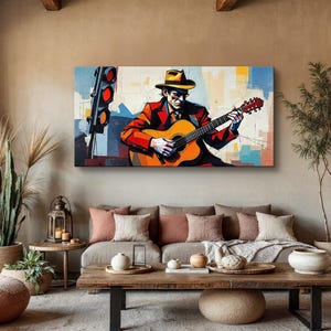 Abstract Guitarist Painting, Musician Wall Art, Modern Jazz Blues Artwork, Colorful Music Canvas Print, Guitar Player Art Print, Home Decor