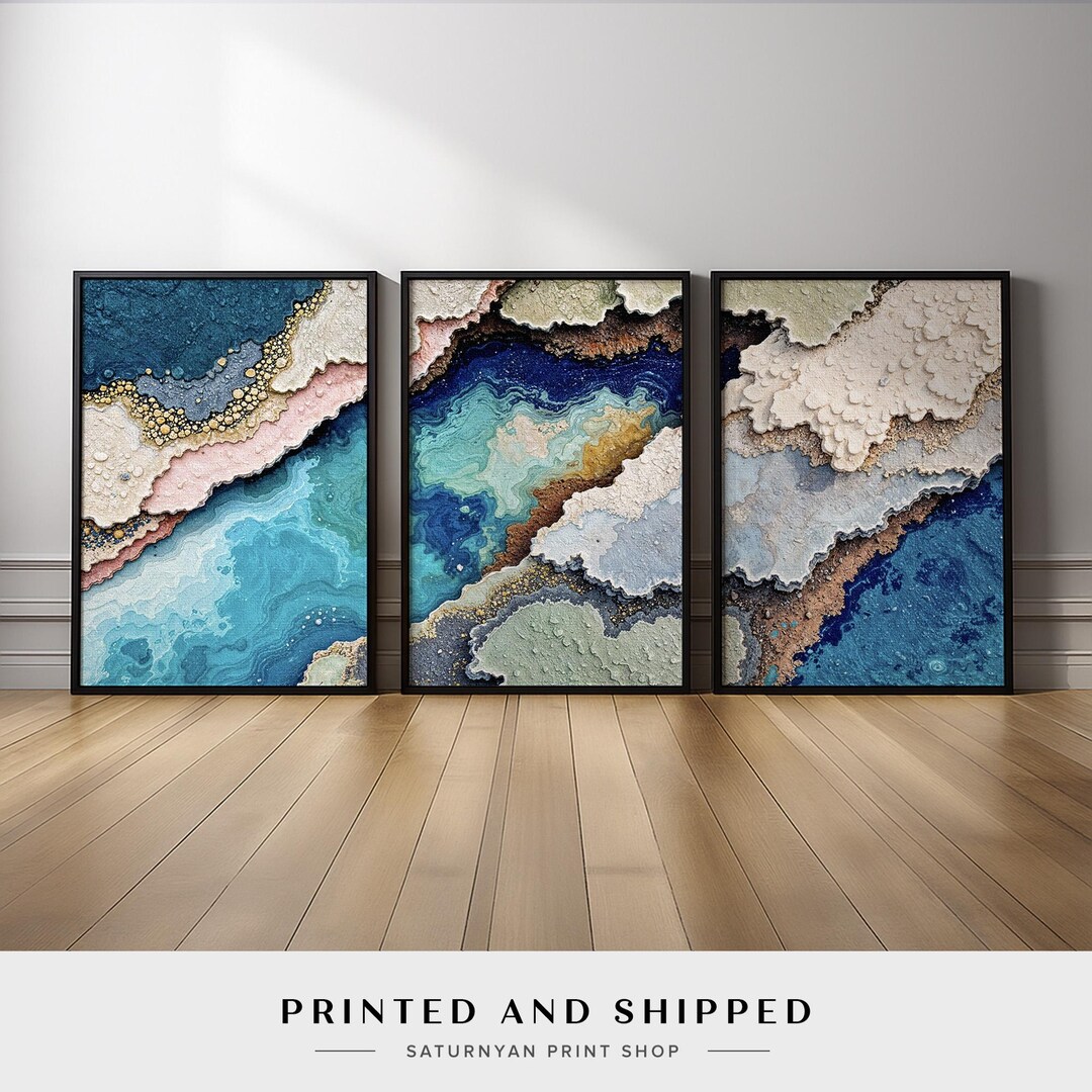 Ocean Inspired Abstract Wall Art Set of 3 | Blue Geode Sand Coastal ...
