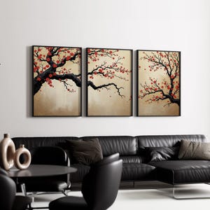 Japanese Cherry Blossom Wall Art, Sakura Tree Triptych, Asian Ink ...