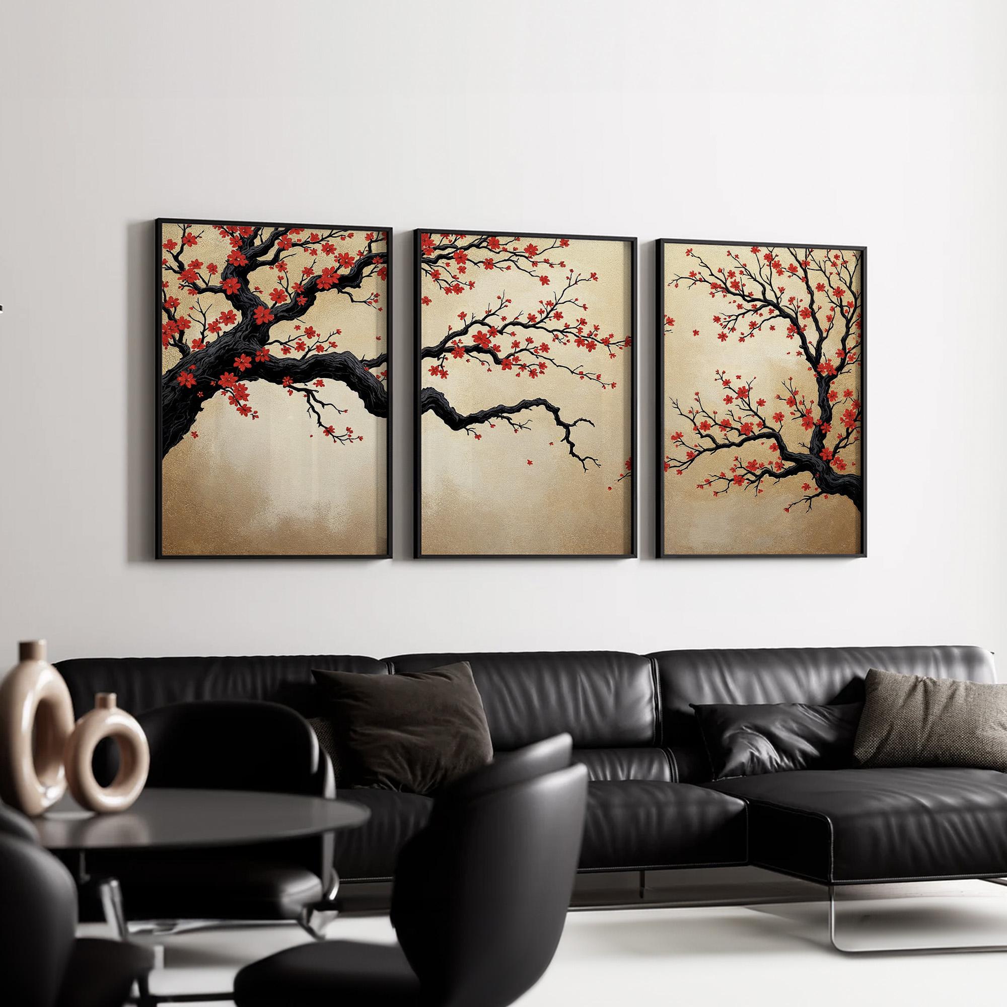 Japanese Cherry Blossom Wall Art, Sakura Tree Triptych, Asian Ink
