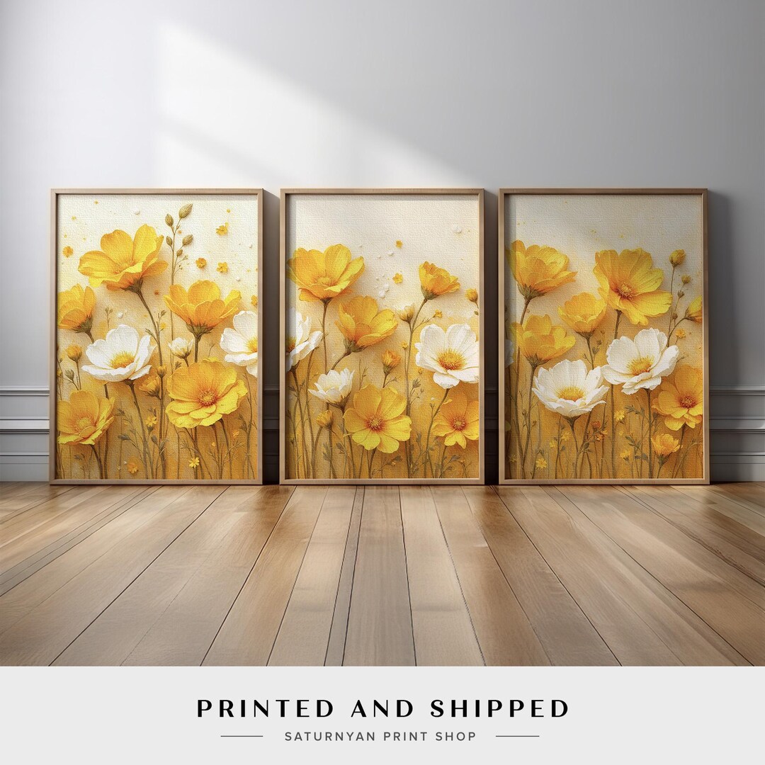 Floral Wall Art Triptych | Yellow and White Flower Canvas Set for ...