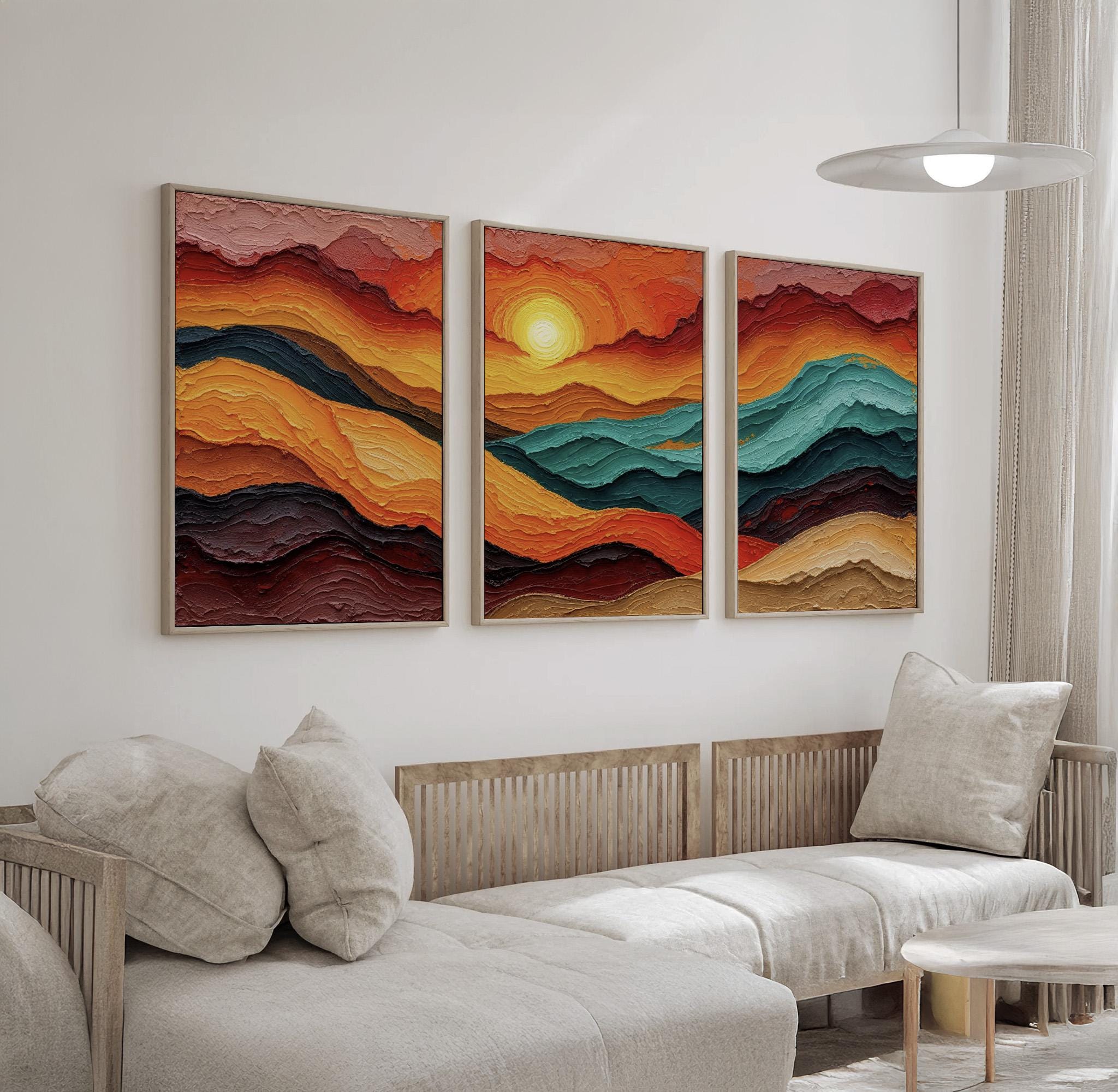 Vibrant Sunset Landscape Triptych Wall Art | Mountain Abstract Canvas ...