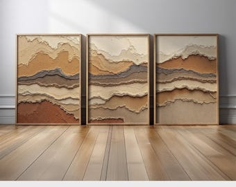 Abstract Wall Art Set of 3 | Neutral Earthy Landscape Triptych in Beige Sand and Taupe Tones for Modern Japandi Living Room Decor