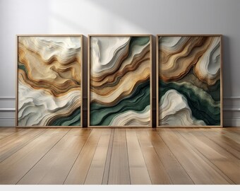 Organic Wave Abstract Triptych | Canvas Prints Set with Green, Beige & Earth Brown | Nature-Inspired Wall Art for Modern or Boho Interiors