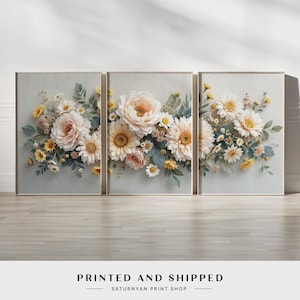 Soft Floral Wall Art Set of 3 | Peach, White, and Yellow Flower Canvas Prints with Eucalyptus Leaves | Cottagecore Botanical Decor