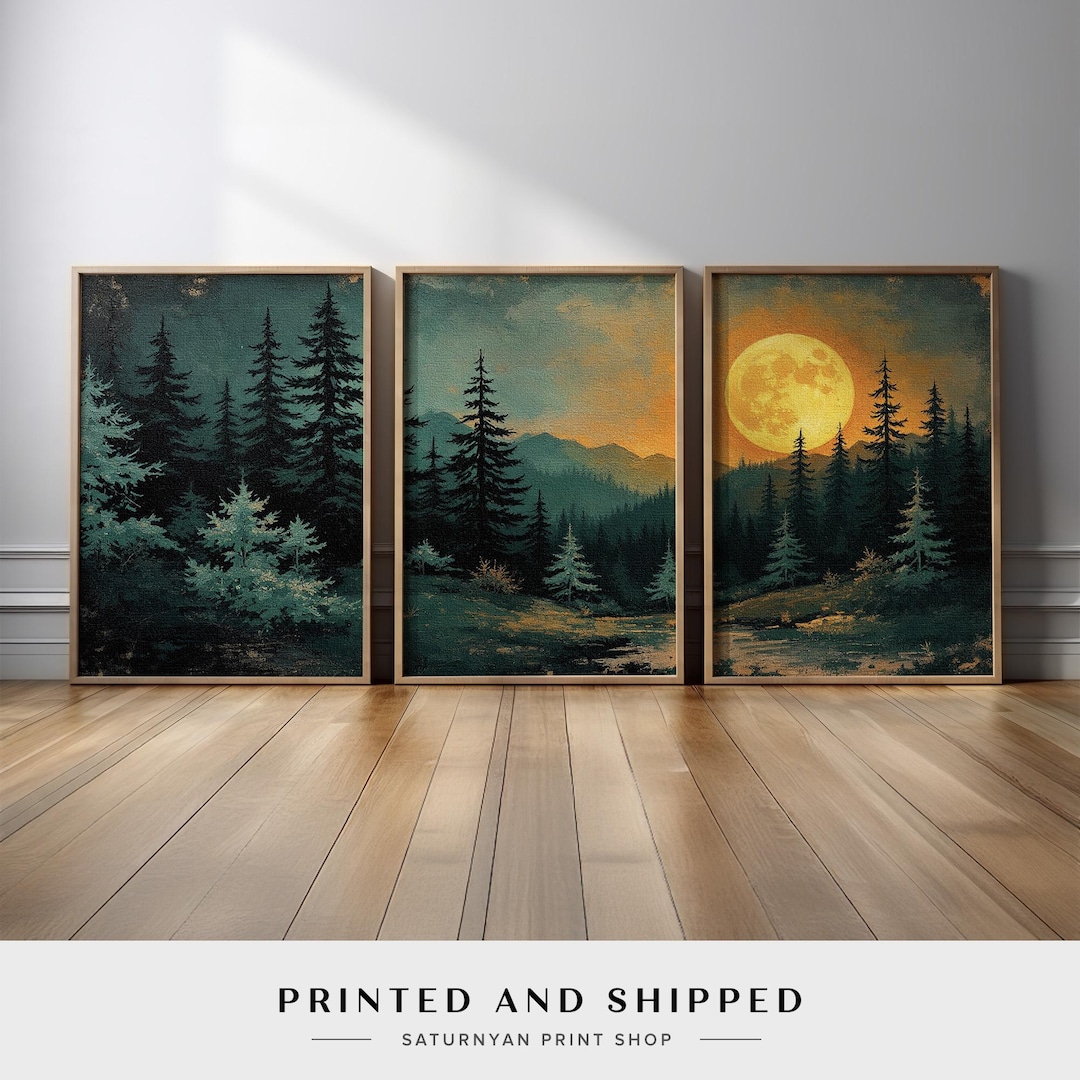 Moon Wall Art Triptych | Dark Forest Landscape Wall Art Set of 3 ...