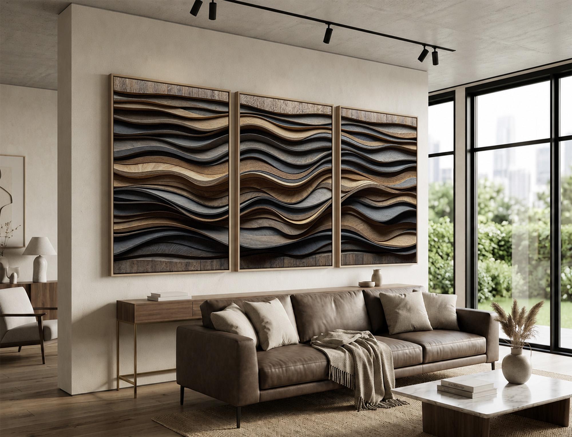 Layered Wood Wave Wall Art Set of 3 | Neutral Earth Tone Triptych