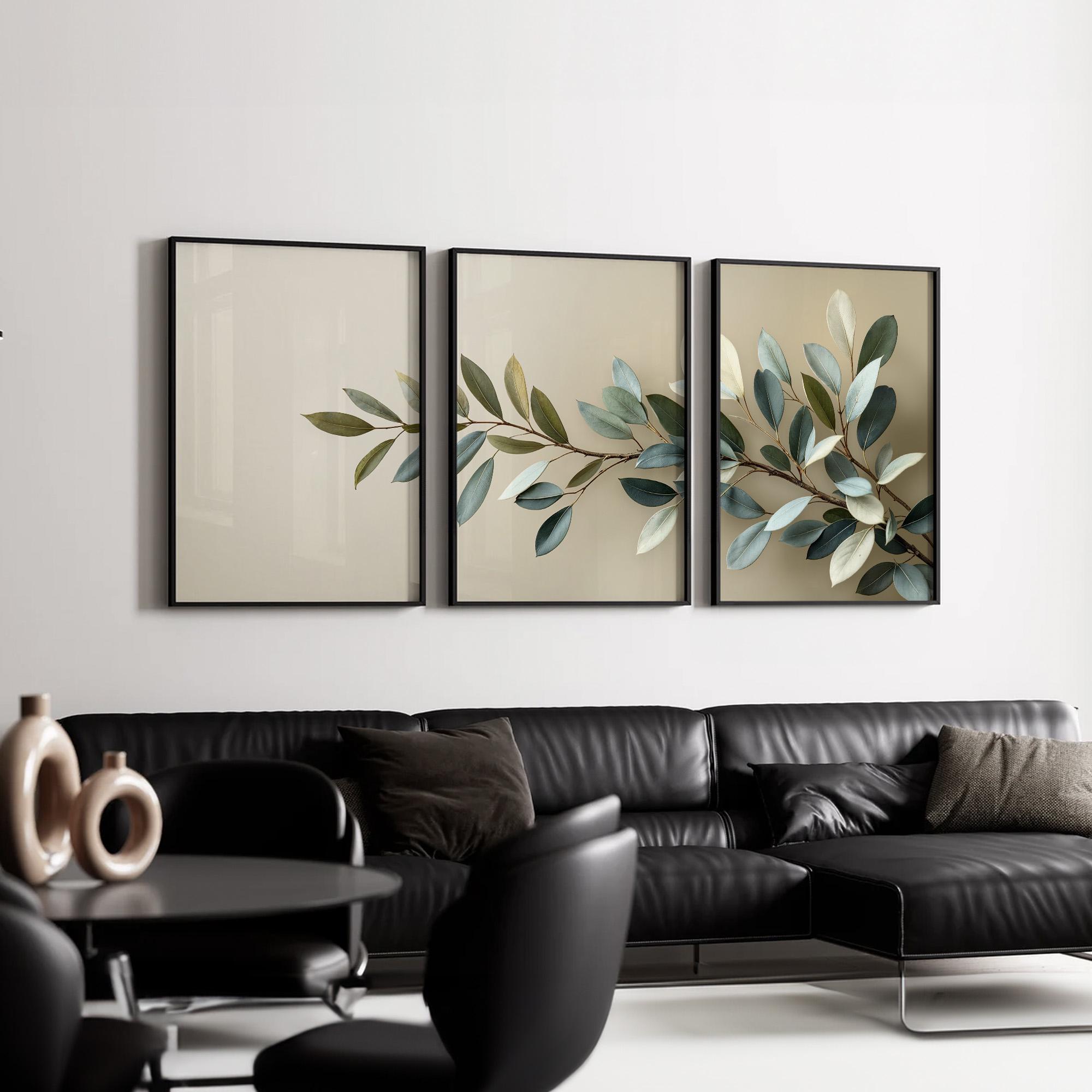 Minimalist Botanical Wall Art Set of 3 | Modern Olive Green Leaf Branch ...