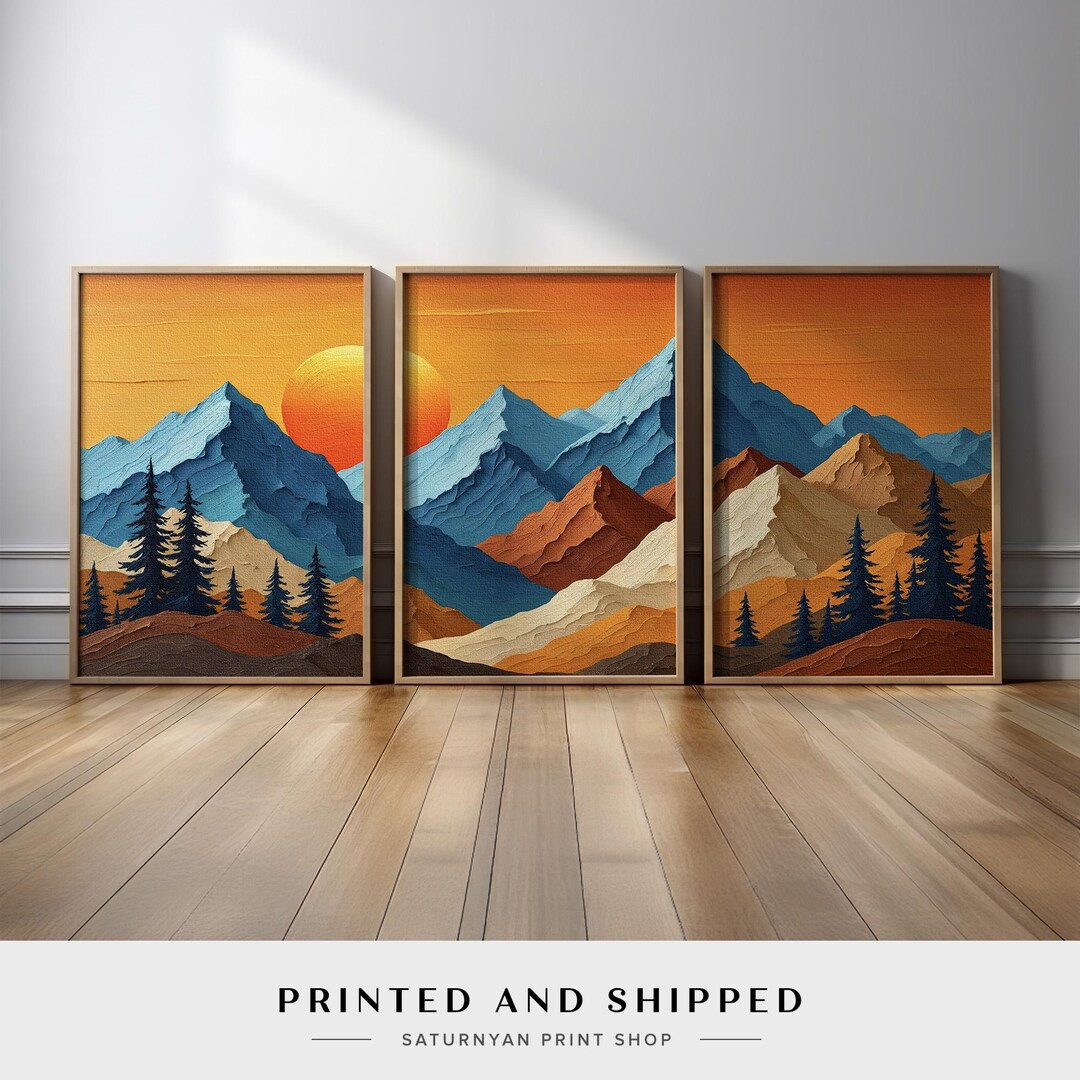 Landscape Wall Art Set of 3 | Warm Sunset Mountain Triptych Canvas With ...