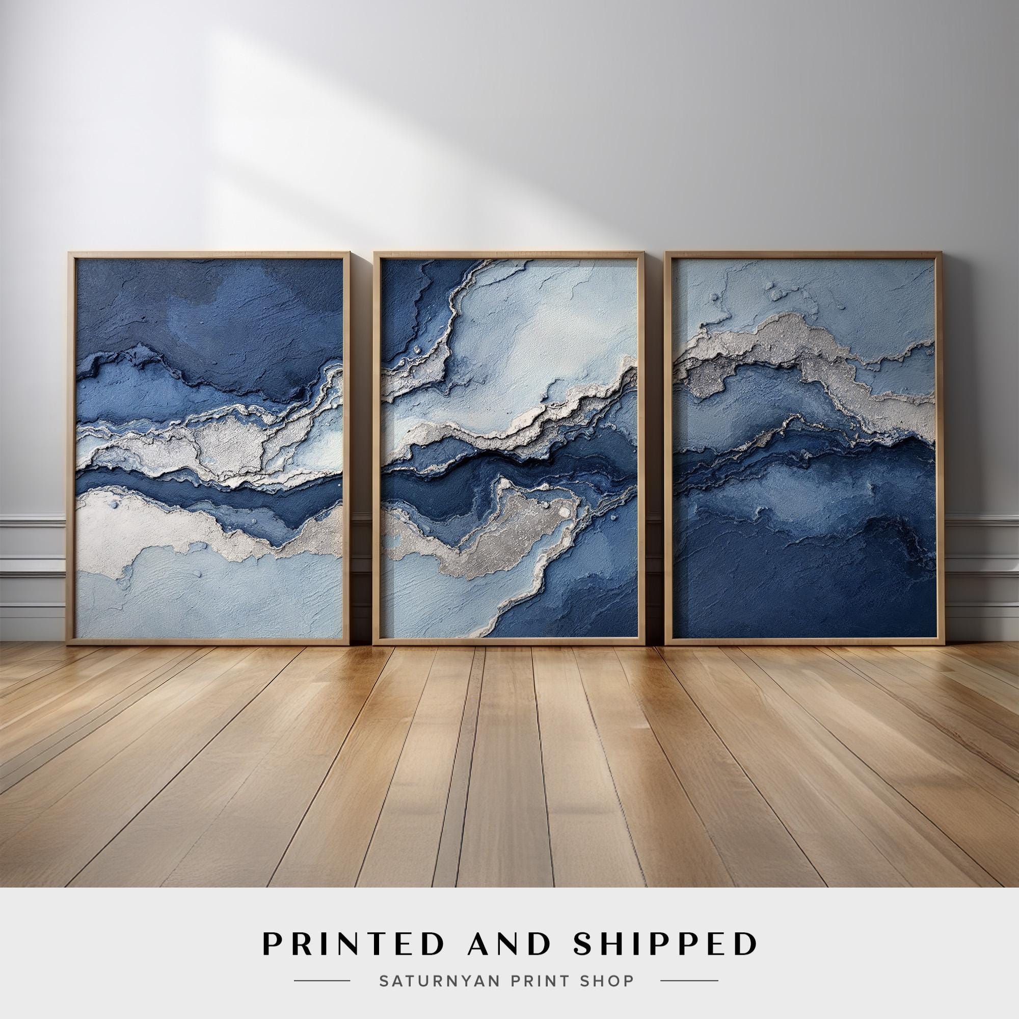 Ocean Blue Abstract Wall Art Set of 3 | Deep Navy, Light Blue, and ...