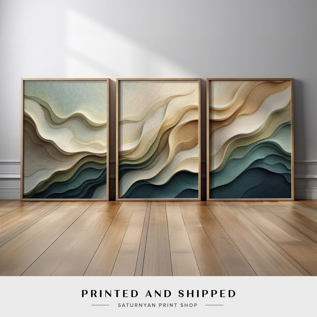 Large Abstract Wall Art Set of 3 | Modern Neutral Beige Green Triptych ...