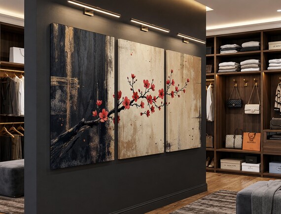 Japanese Minimalist Cherry Blossom Wall Art | Set of 3 Modern Red Floral Canvas Prints | Zen Inspired Neutral Beige and Black Artwork