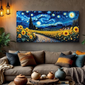 Van Gogh Starry Night Inspired Sunflower Field Canvas Print - Vibrant Starry Sky and Sunflowers Wall Art - Dreamy Landscape Painting
