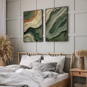 Abstract Green and Beige Wall Art - Set of 3 Layered Modern Decor With ...