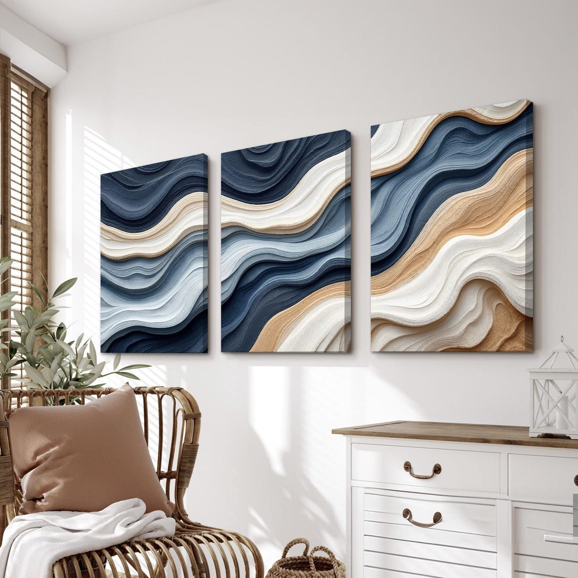 Modern Abstract Wave Wall Art Set of 3 | Ocean Flowing in Navy Blue ...