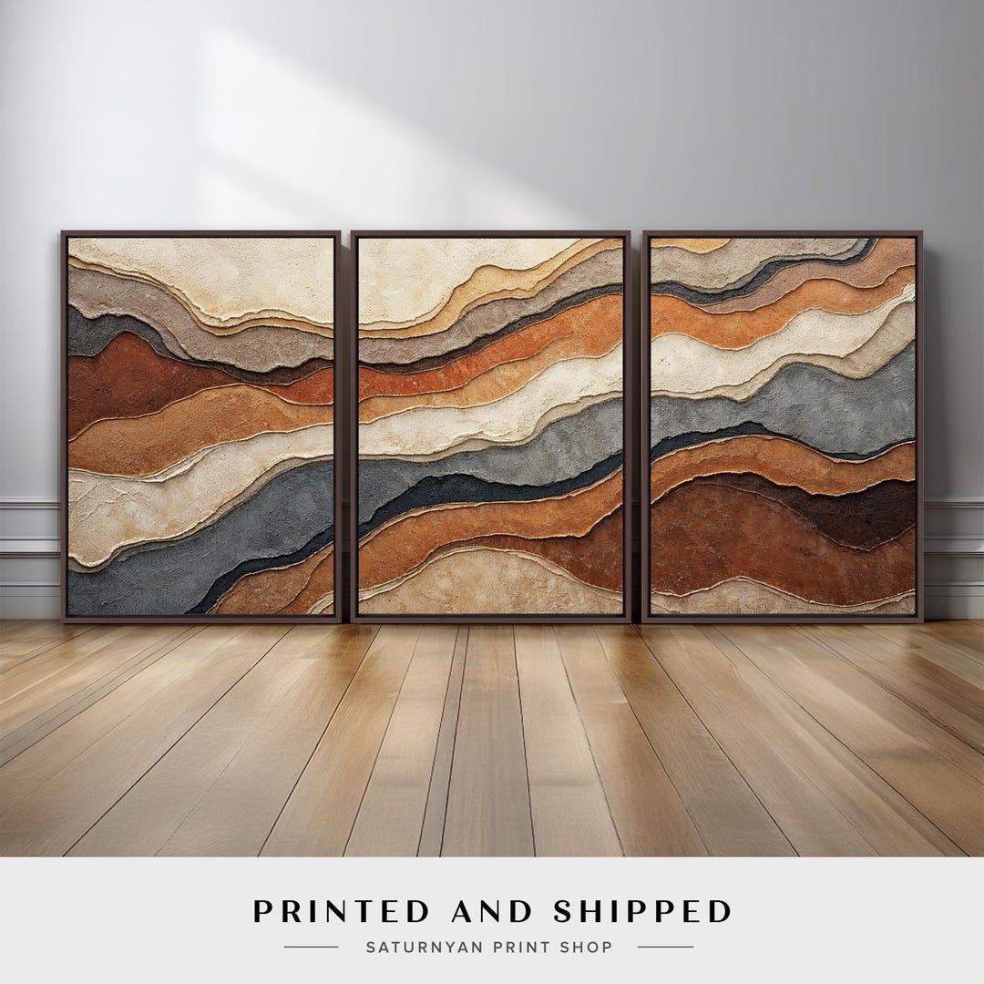 Neutral Earth Tone Abstract Wall Art Set of 3 | Flowing Wave Inspired