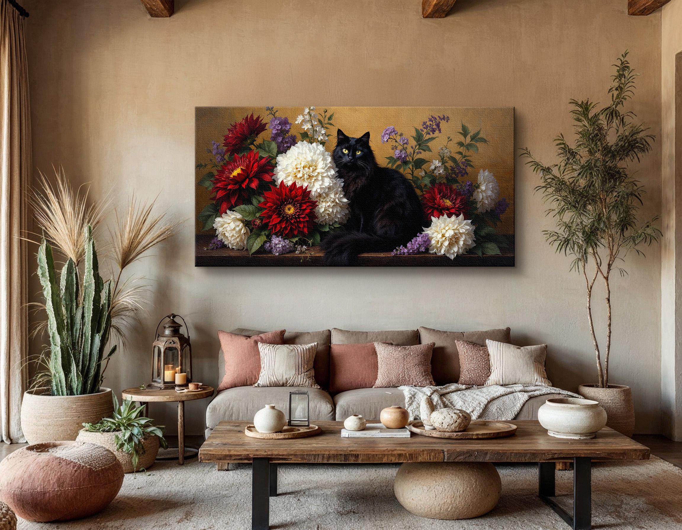 Black Cat Wall Art, Elegant Feline Canvas Print With Colorful Flowers ...