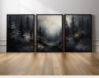 Dark Forest Wall Art Triptych | Misty Pine Tree Canvas Prints with Golden Fireflies | Moody Woodland Wall Decor for Living Room or Cabin