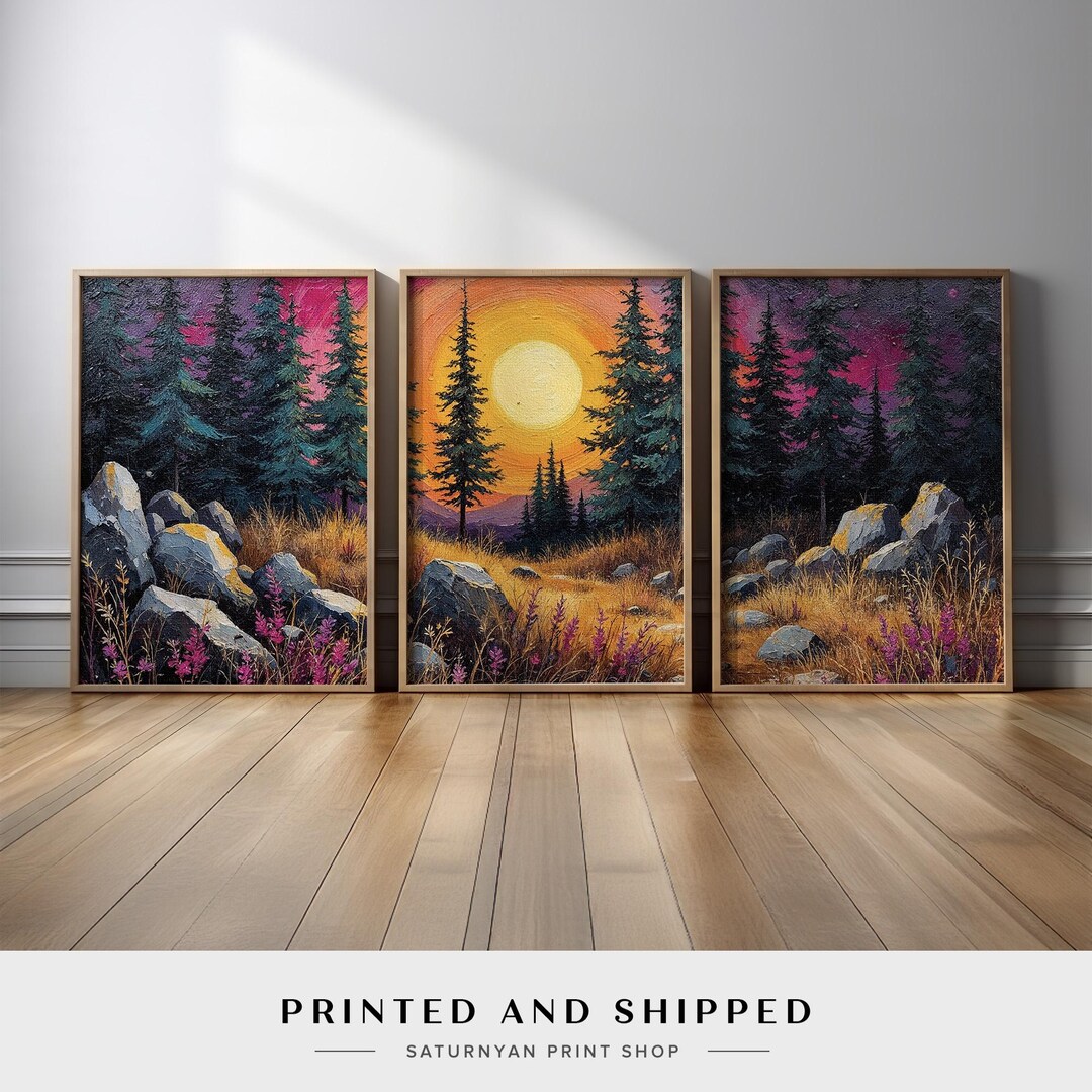 Sunset Wilderness Forest Wall Art Set of 3 | Mountain Pine Landscape ...