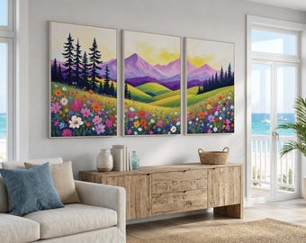Floral Landscape Wall Art Triptych | Colorful Mountain Meadow with Wildflowers for Bedroom Living Room Home Decor Canvas Prints