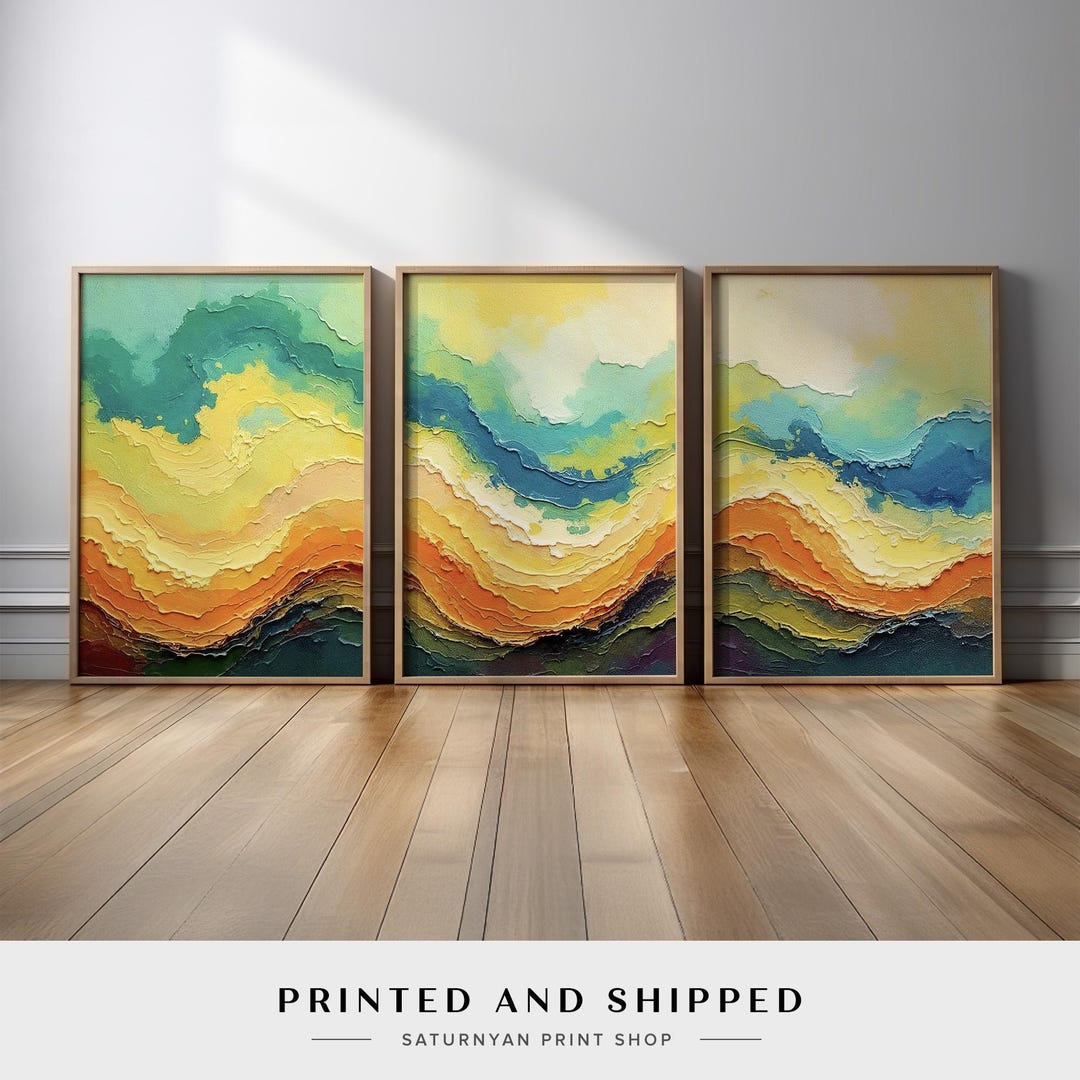 Colorful Ocean Wave Abstract Wall Art Set of 3 | Coastal Flow Turquoise ...
