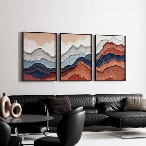 Abstract Earth Tone Wall Art Set of 3 | Terracotta Blue Cream