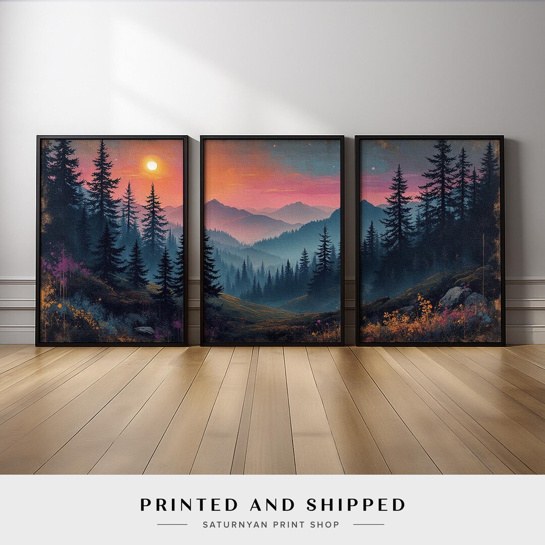 Landscape Wall Art Triptych | Dark Forest and Mountain Sunset Canvas ...