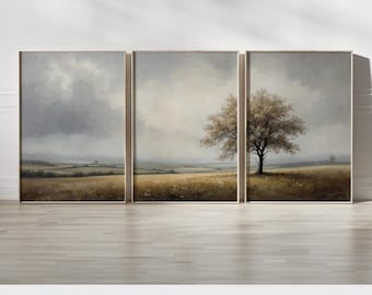 Countryside Landscape Wall Art Set - 3-Piece Minimalist Tree and Field Prints for Modern Home Decor, Perfect for Nature Lovers