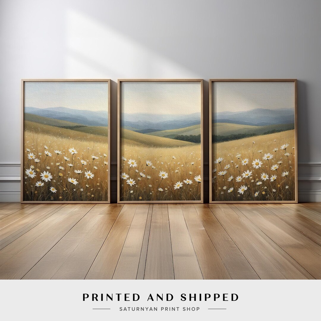 Golden Meadow Wall Art Set | Landscape Triptych With Daisies and ...